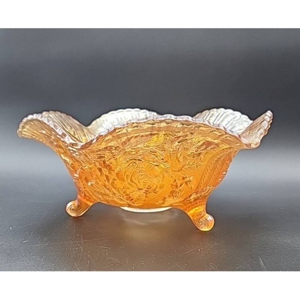 Imperial Glass Marigold Carnival Lustre Rose 11in Footed Bowl American Beauties